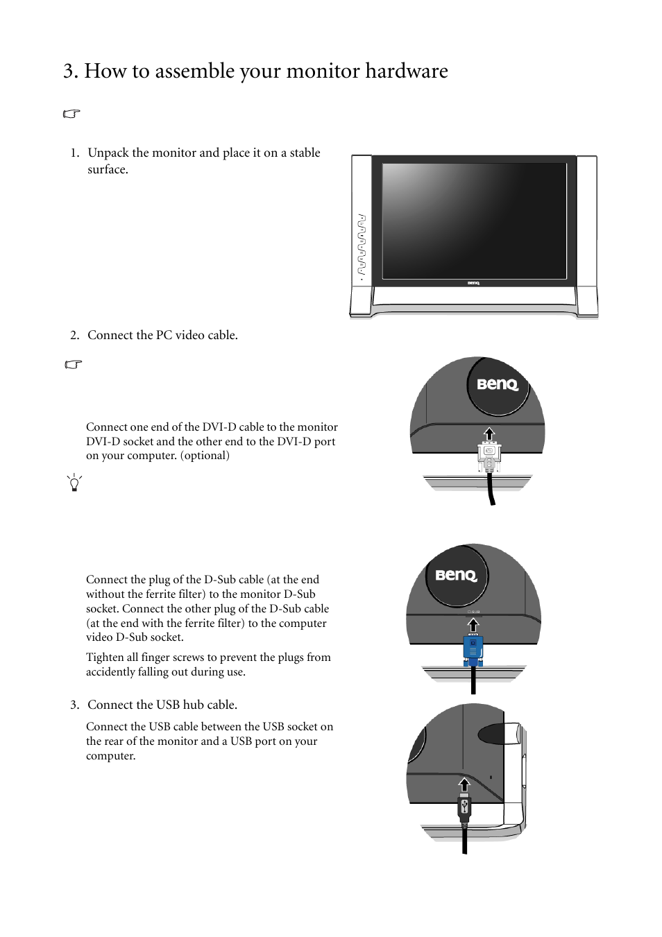 How to assemble your monitor hardware | BenQ FP241VW User Manual | Page 9 / 47