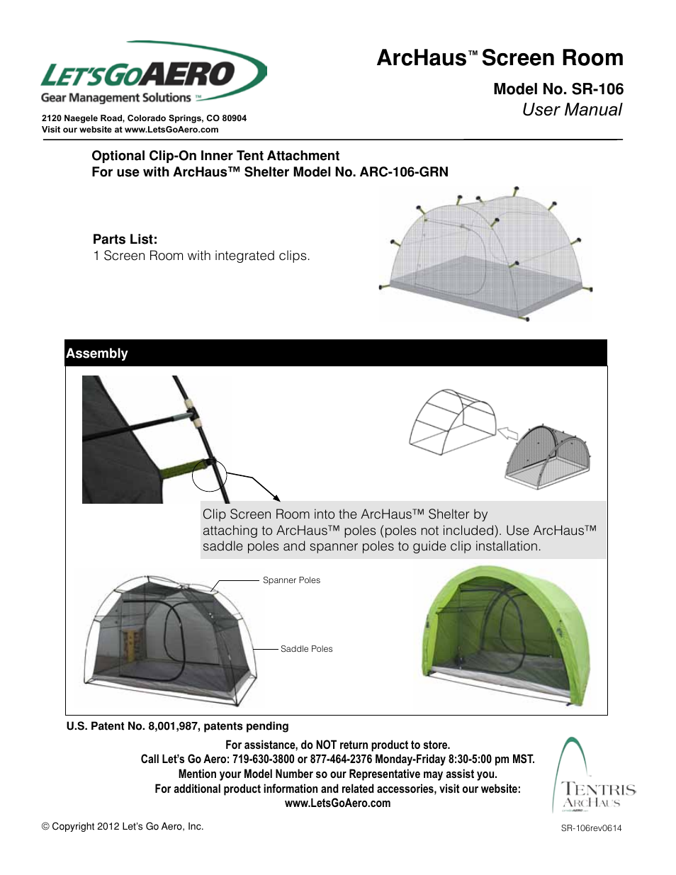 Let's Go Aero ArcHaus Screen Room SR-106 User Manual | 2 pages