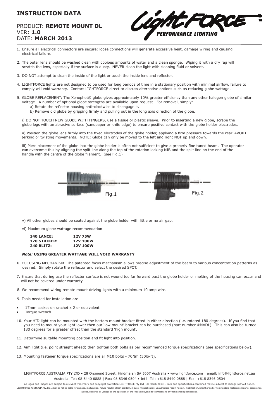 Lightforce 240 BLITZ REMOTE MOUNT DL User Manual | 1 page