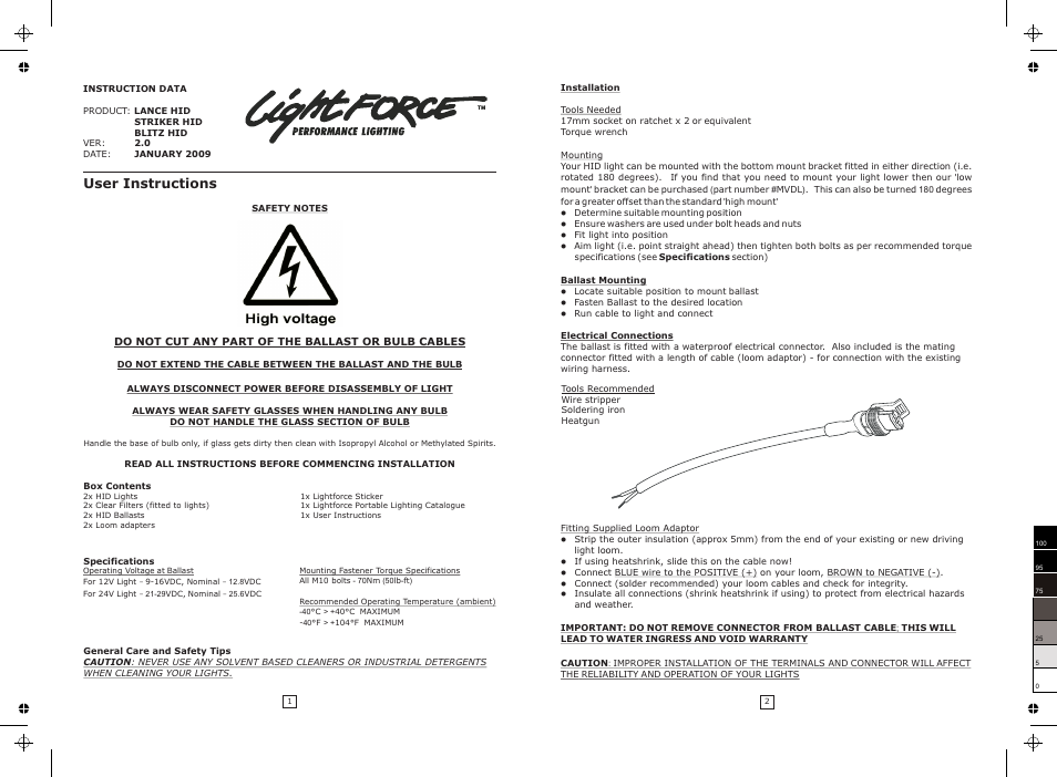 User instructions | Lightforce 240 BLITZ USER INSTRUCTIONS User Manual | Page 2 / 2