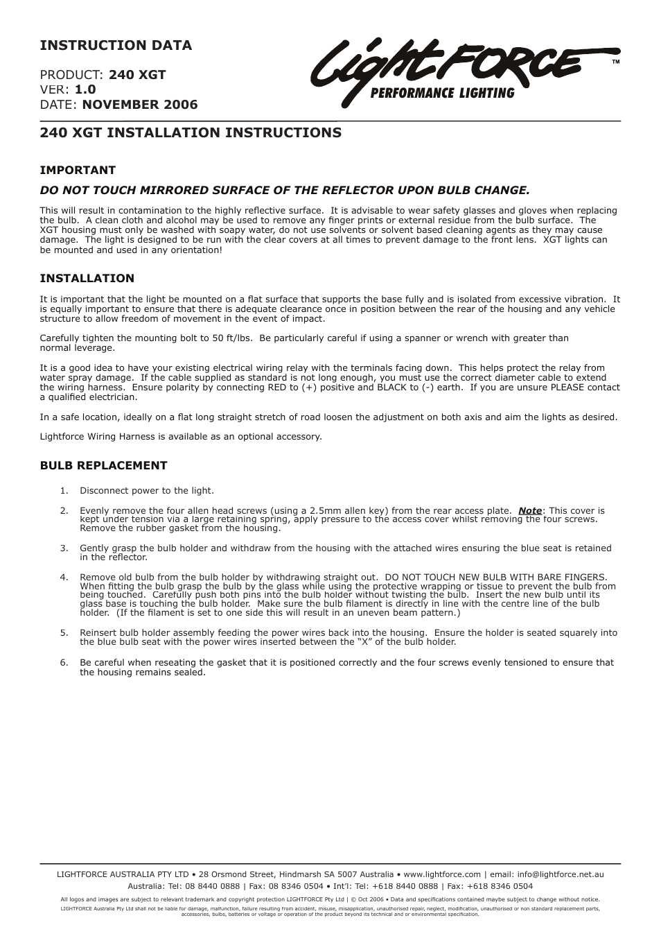 Lightforce 240 XGT User Manual | 2 pages