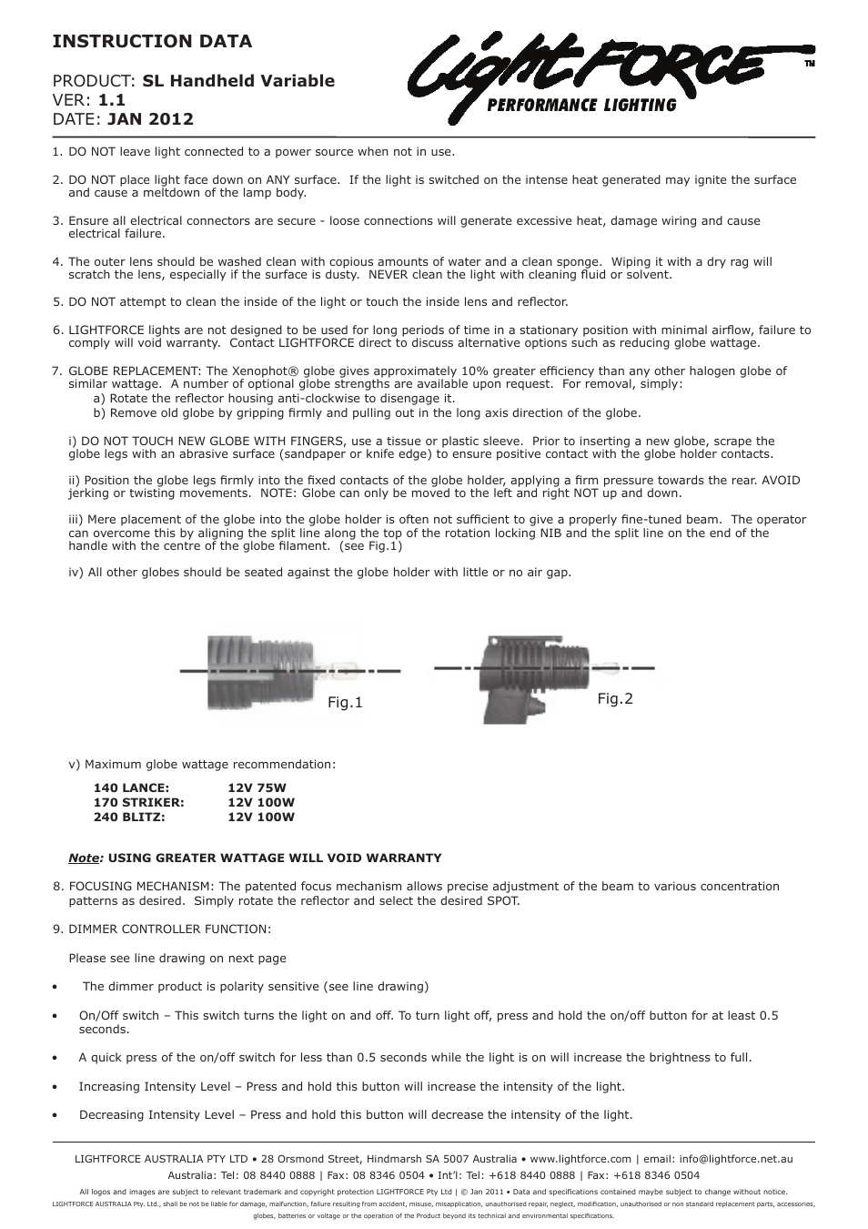 Lightforce HANDHELD SEARCHLIGHTS SL Variable User Manual | 2 pages
