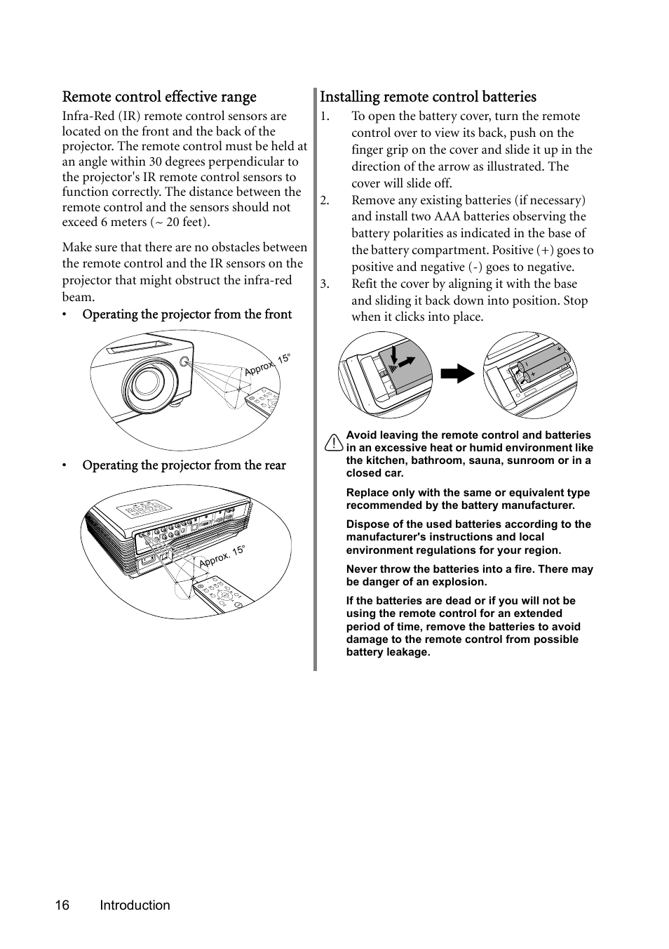 Remote control effective range, Installing remote control batteries | BenQ SP831 User Manual | Page 16 / 80