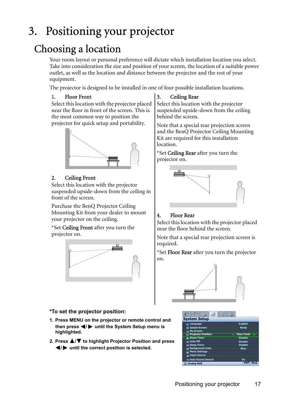 Positioning your projector, Choosing a location, Positioning your projector 17 | BenQ SP831 User Manual | Page 17 / 80