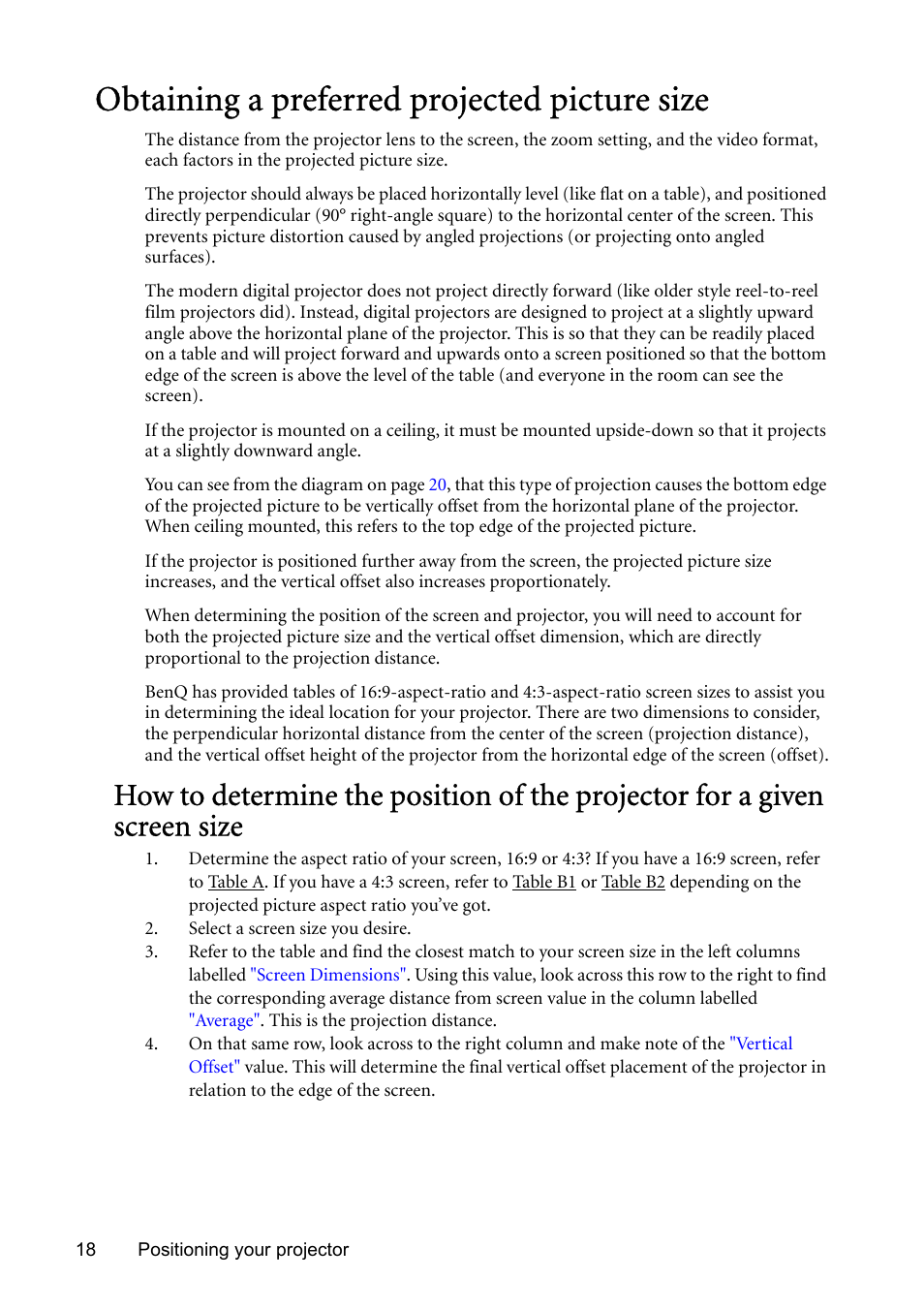 Obtaining a preferred projected picture size | BenQ SP831 User Manual | Page 18 / 80