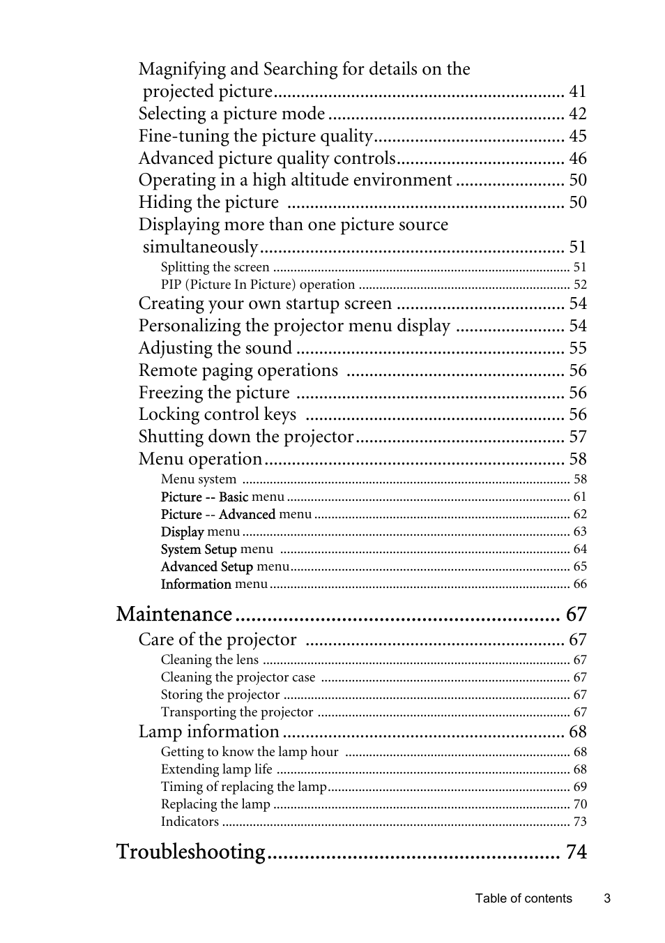 Maintenance, Troubleshooting | BenQ SP831 User Manual | Page 3 / 80