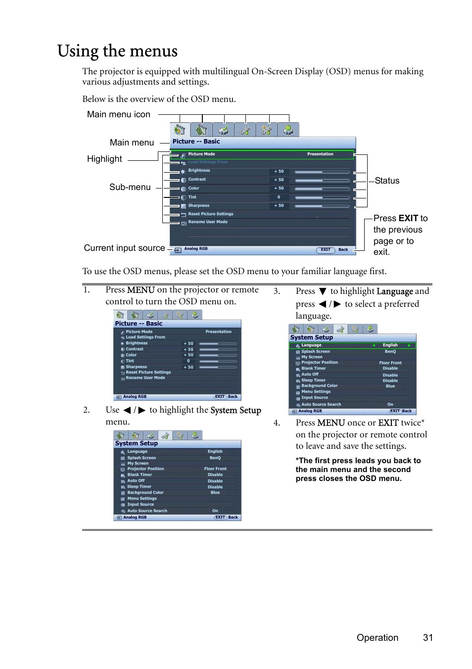 Using the menus, Using the, Operation 31 | BenQ SP831 User Manual | Page 31 / 80