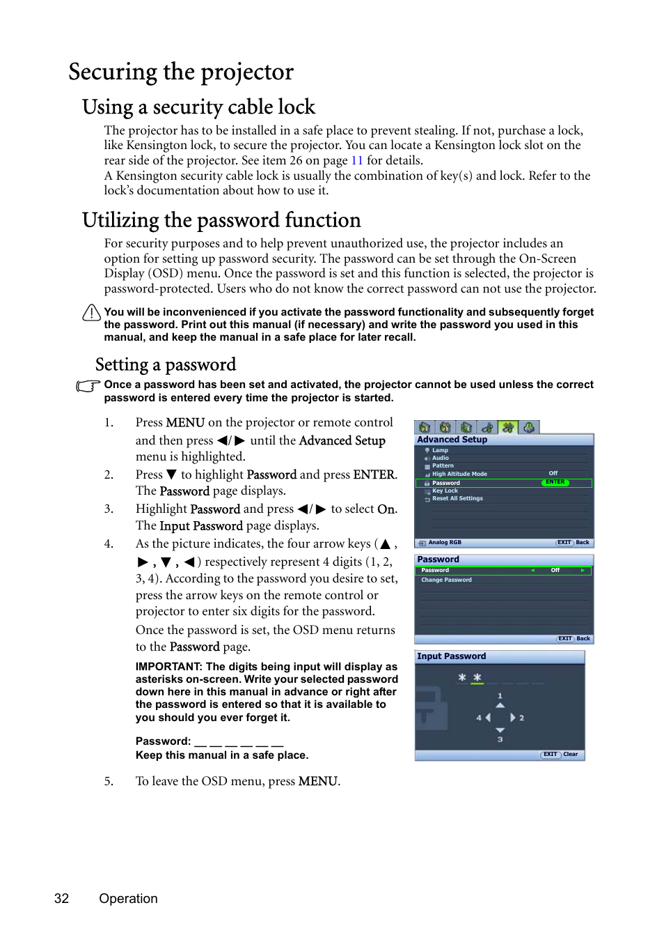 Securing the projector, Using a security cable lock, Utilizing the password function | Utilizing the password, Setting a password | BenQ SP831 User Manual | Page 32 / 80