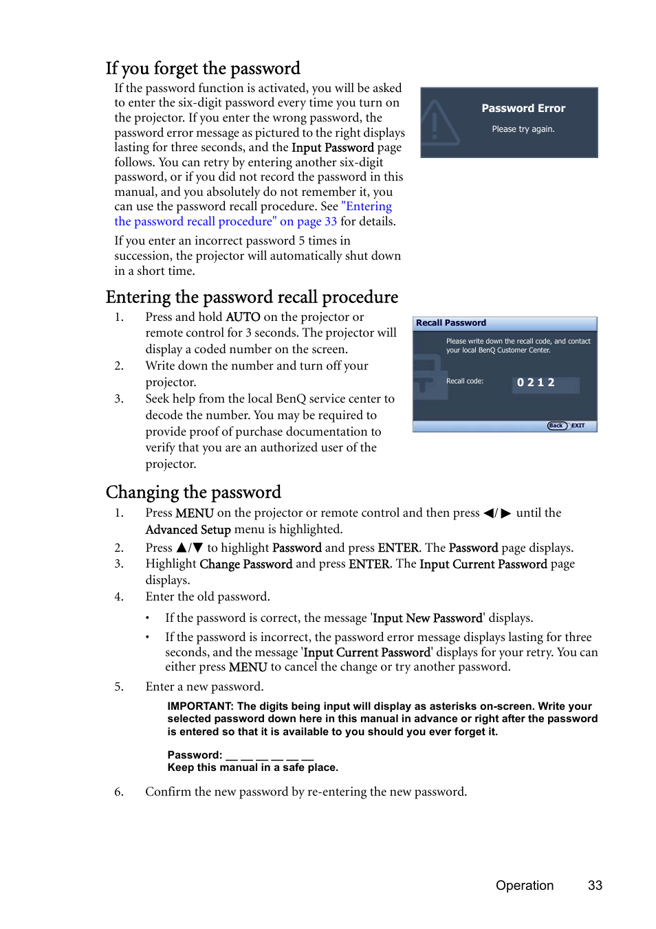 If you forget the password, Entering the password recall procedure, Changing the password | BenQ SP831 User Manual | Page 33 / 80