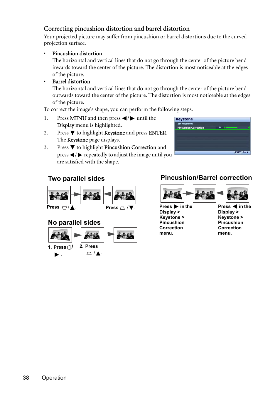 Pincushion/barrel correction, Two parallel sides no parallel sides | BenQ SP831 User Manual | Page 38 / 80