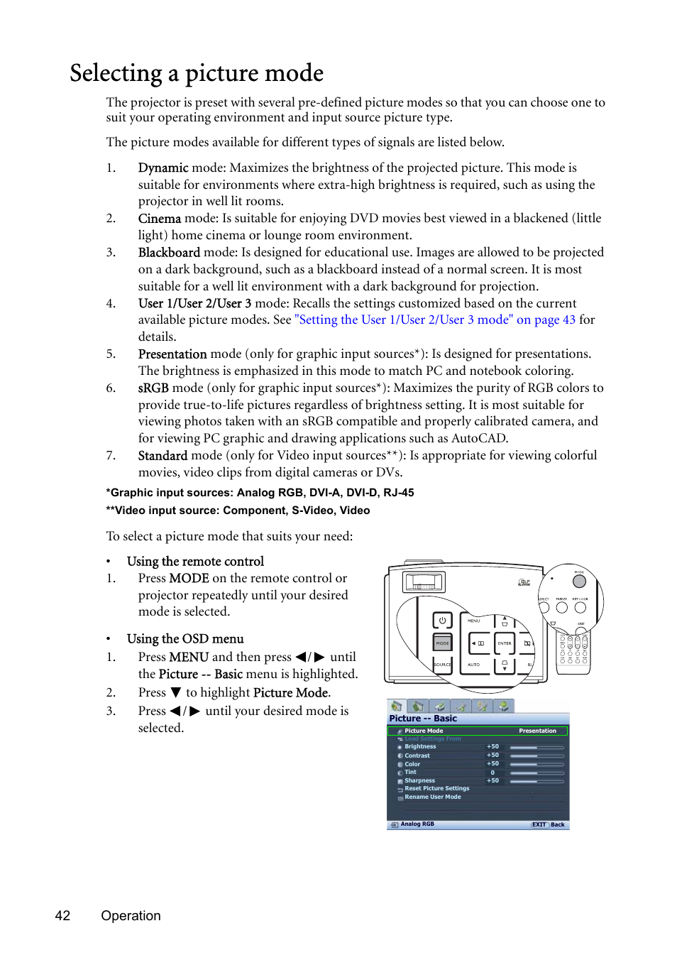 Selecting a picture mode, Selecting a picture, Selecting a picture mode" on | BenQ SP831 User Manual | Page 42 / 80