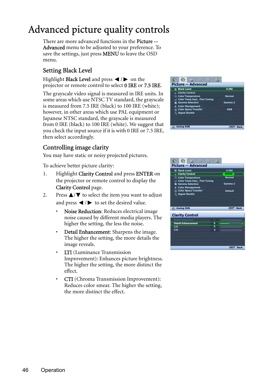 Advanced picture quality controls, Advanced picture quality, For detail | Setting black level, Controlling image clarity, 46 operation | BenQ SP831 User Manual | Page 46 / 80