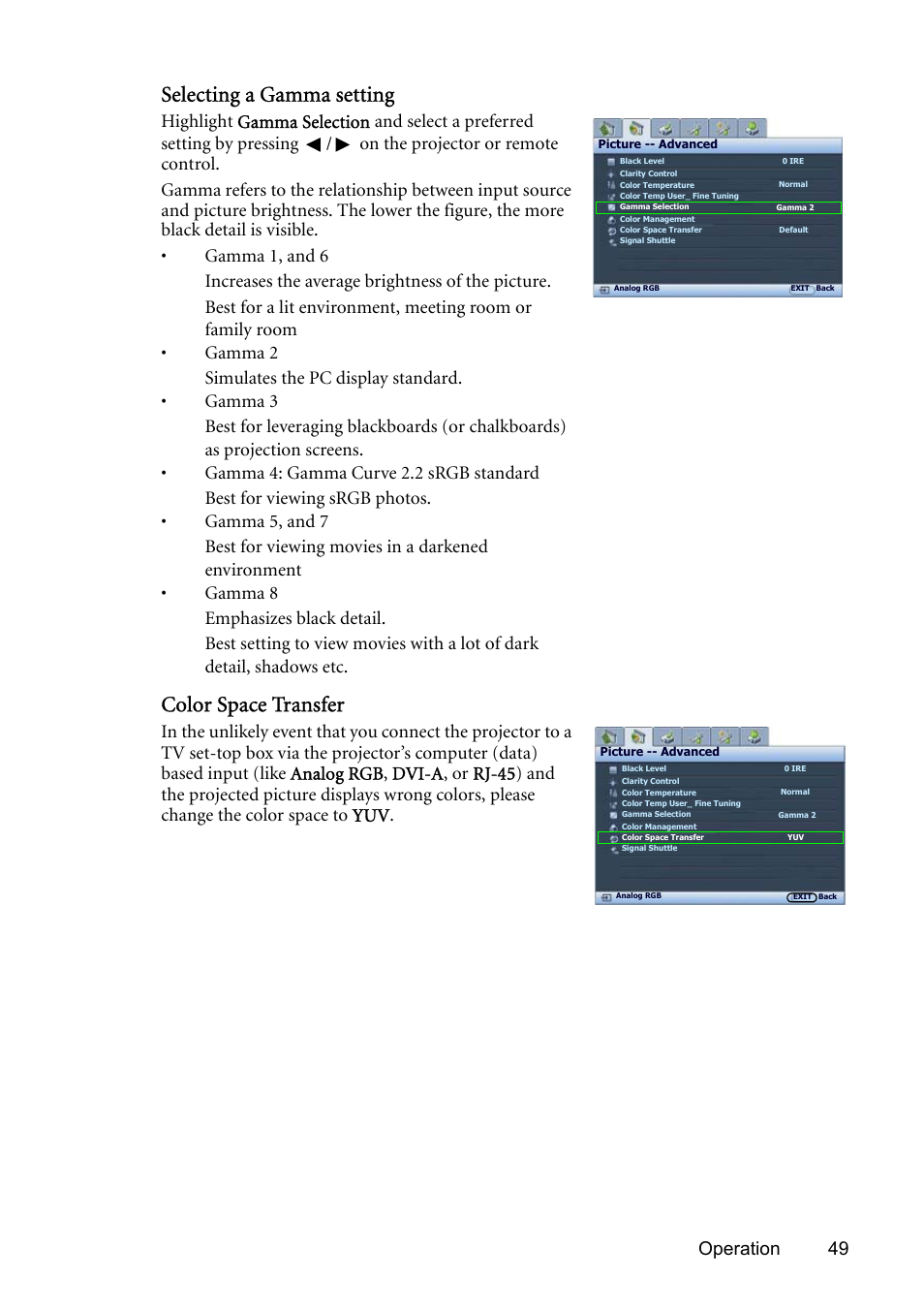 Selecting a gamma setting, Color space transfer, Operation 49 | BenQ SP831 User Manual | Page 49 / 80