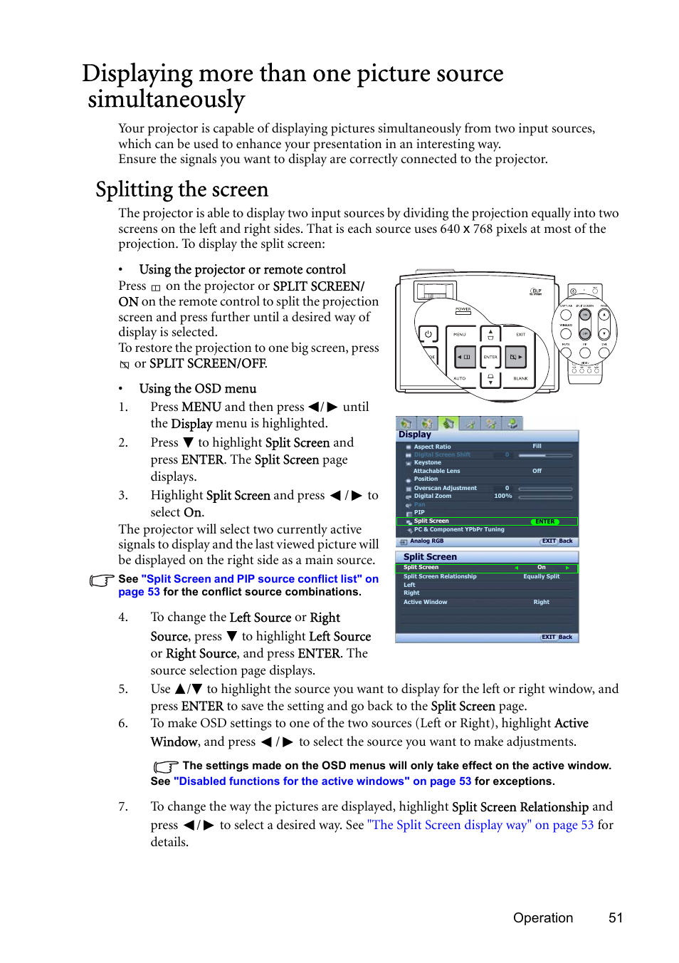 Splitting the screen, Displaying more than one, Displaying more than one picture | BenQ SP831 User Manual | Page 51 / 80