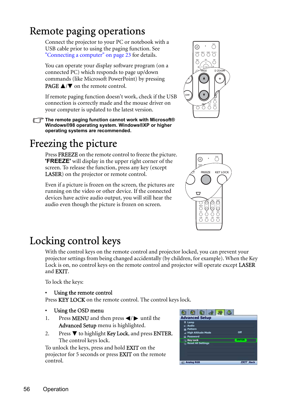 Remote paging operations, Freezing the picture, Locking control keys | Freezing the picture" on, Locking control keys" on, Remote paging, Remote paging operations" on | BenQ SP831 User Manual | Page 56 / 80