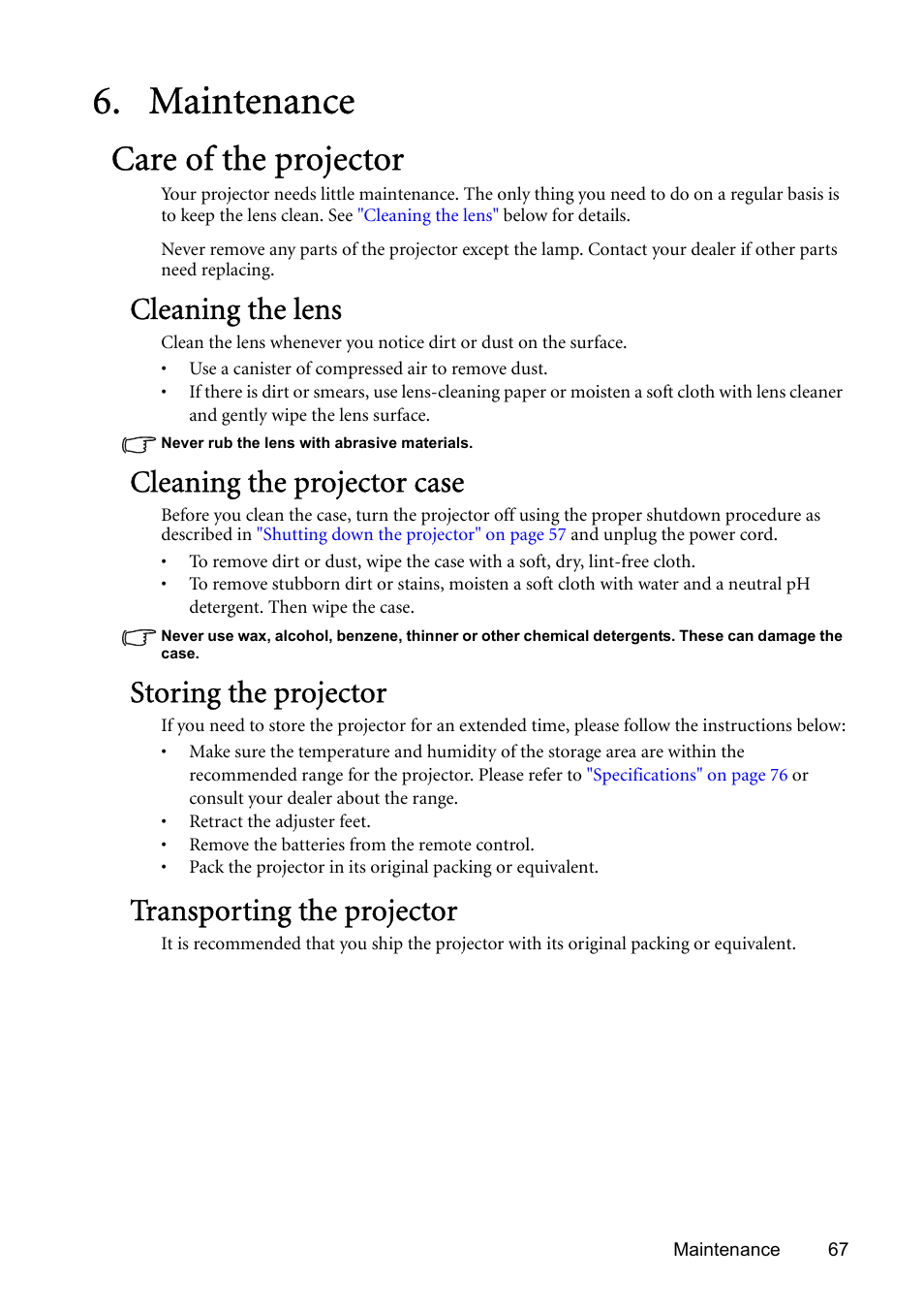 Maintenance, Care of the projector, Cleaning the lens | Cleaning the projector case, Storing the projector, Transporting the projector | BenQ SP831 User Manual | Page 67 / 80