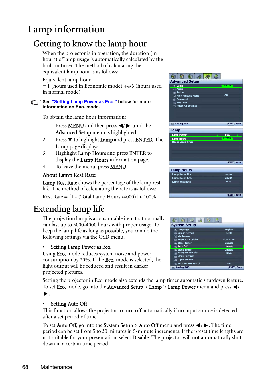 Lamp information, Getting to know the lamp hour, Extending lamp life | Getting to know the lamp hour extending lamp life, For detail, About lamp rest rate, 68 maintenance | BenQ SP831 User Manual | Page 68 / 80