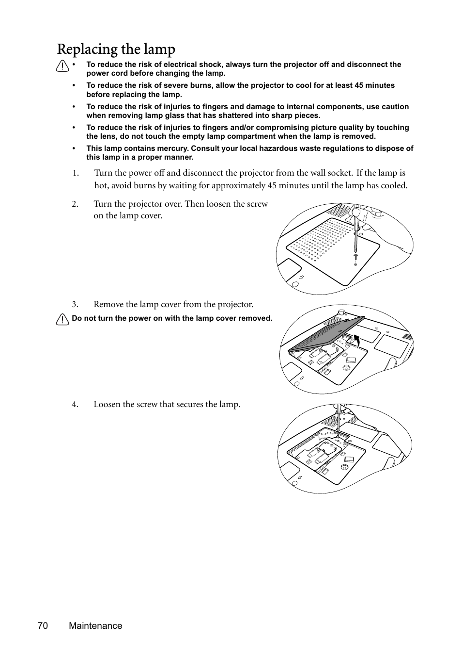 Replacing the lamp | BenQ SP831 User Manual | Page 70 / 80