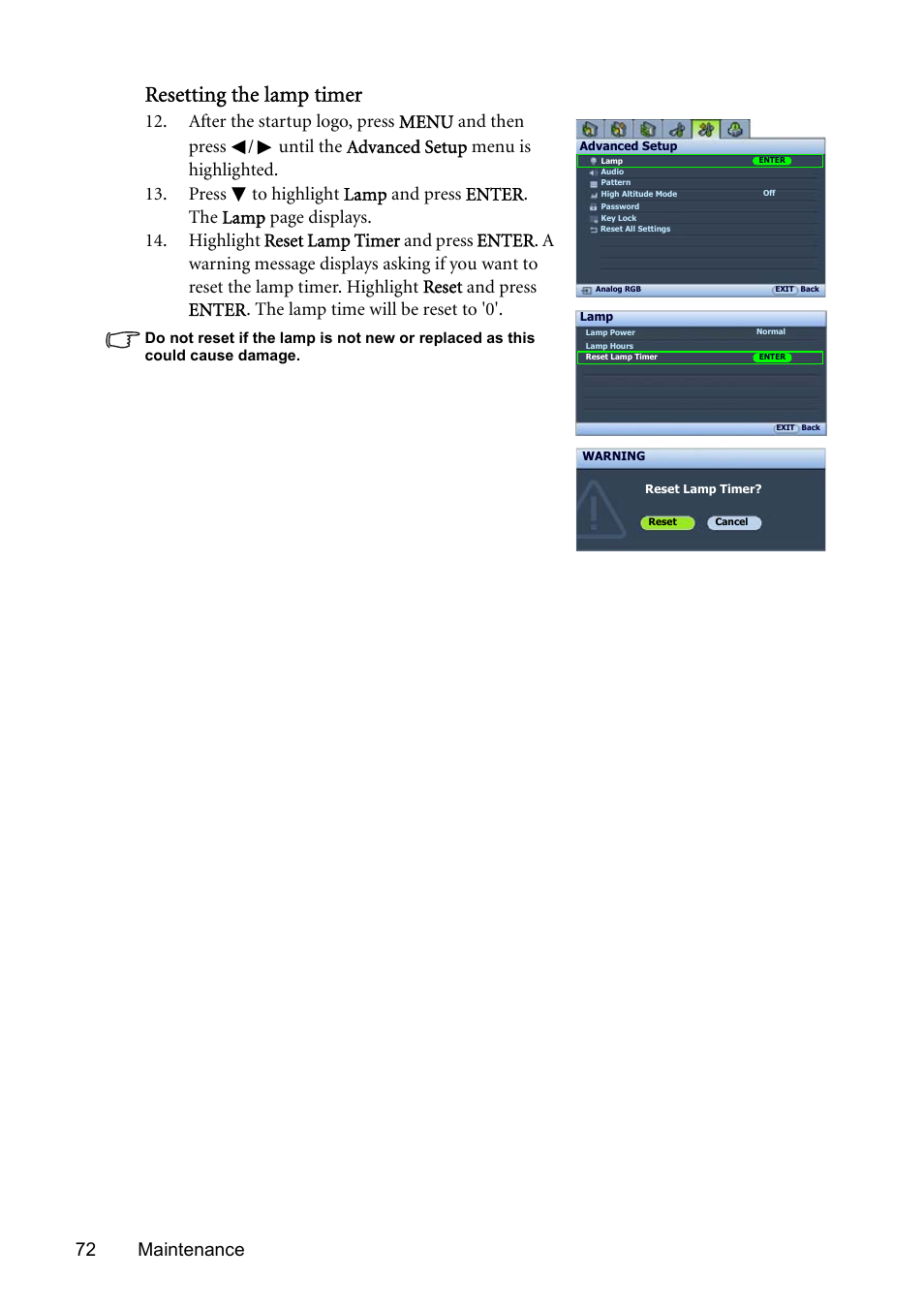 Resetting the lamp timer, 72 maintenance | BenQ SP831 User Manual | Page 72 / 80