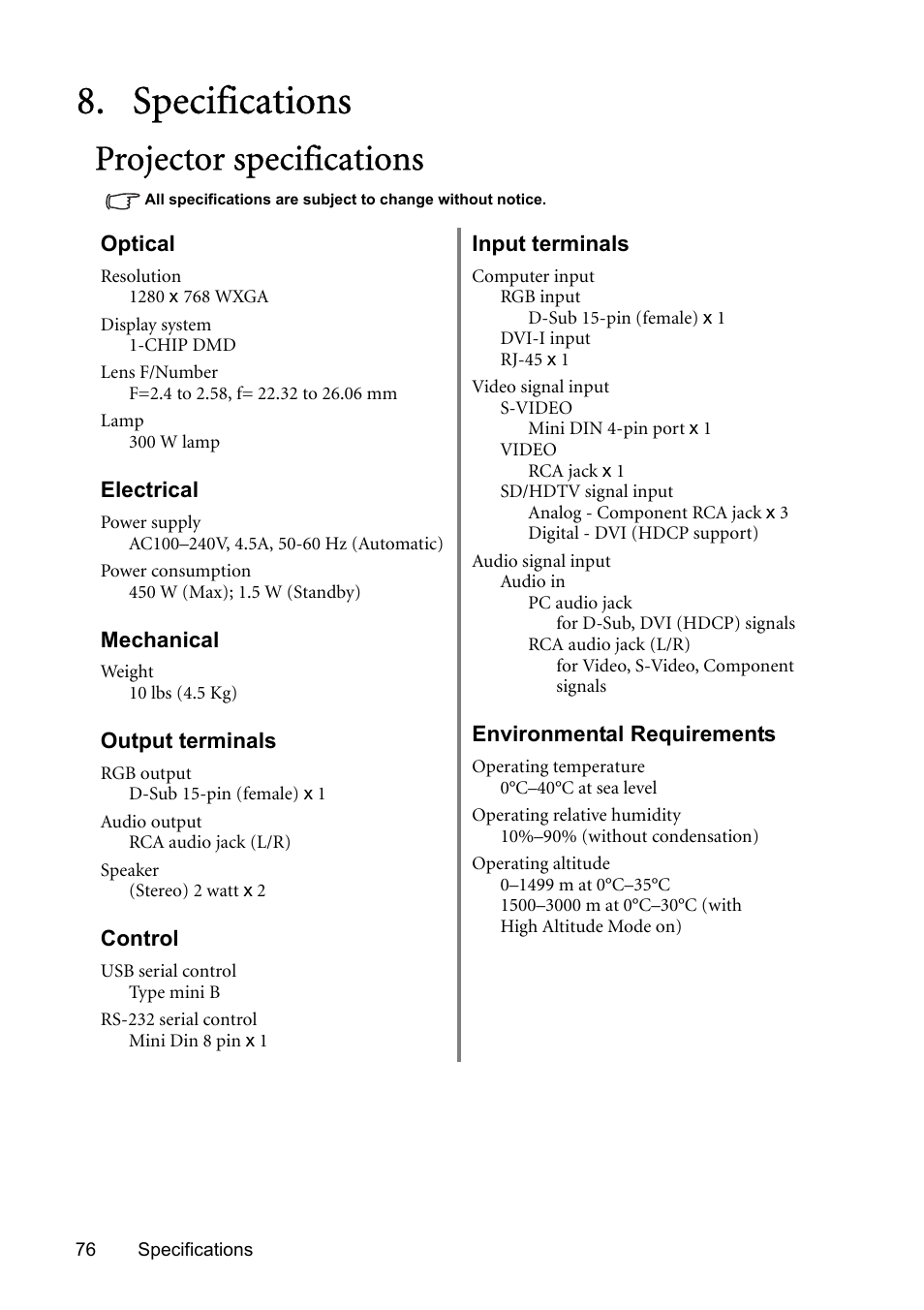 Specifications, Projector specifications | BenQ SP831 User Manual | Page 76 / 80