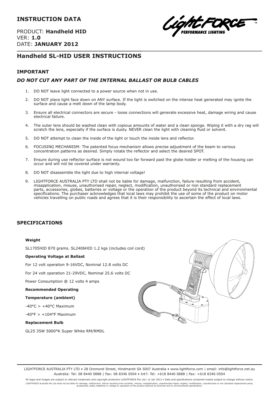 Lightforce HANDHELD SEARCHLIGHTS SL-HID User Manual | 1 page