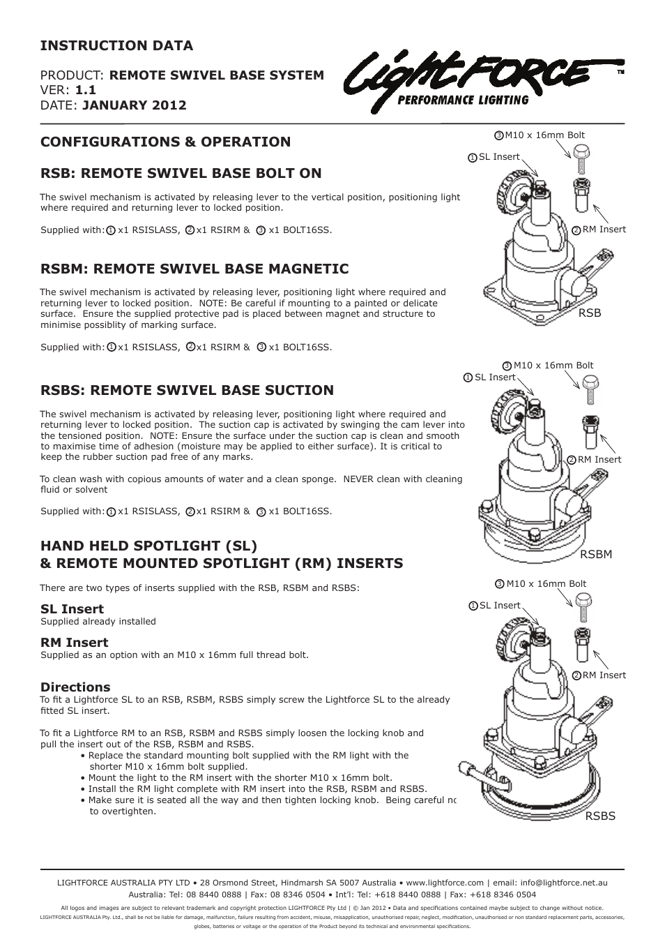 Lightforce SWIVEL BASE SYSTEM User Manual | 1 page