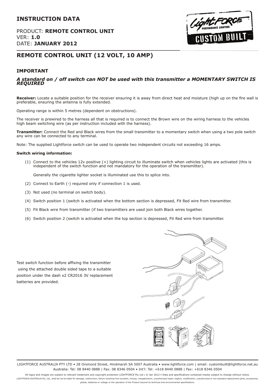 Lightforce REMOTE CONTROL UNIT: HANDLES/MOUNTS/LIGHTS User Manual | 1 page