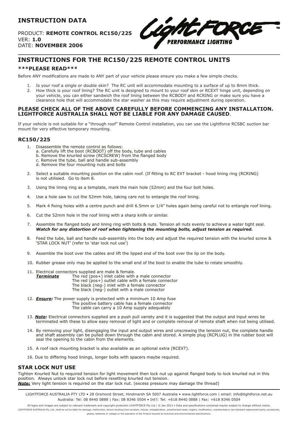 Lightforce RC225 REMOTE CONTROL UNIT User Manual | 2 pages