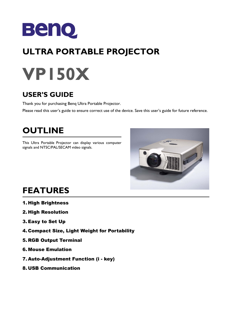 BenQ Professional VP150X User Manual | 24 pages