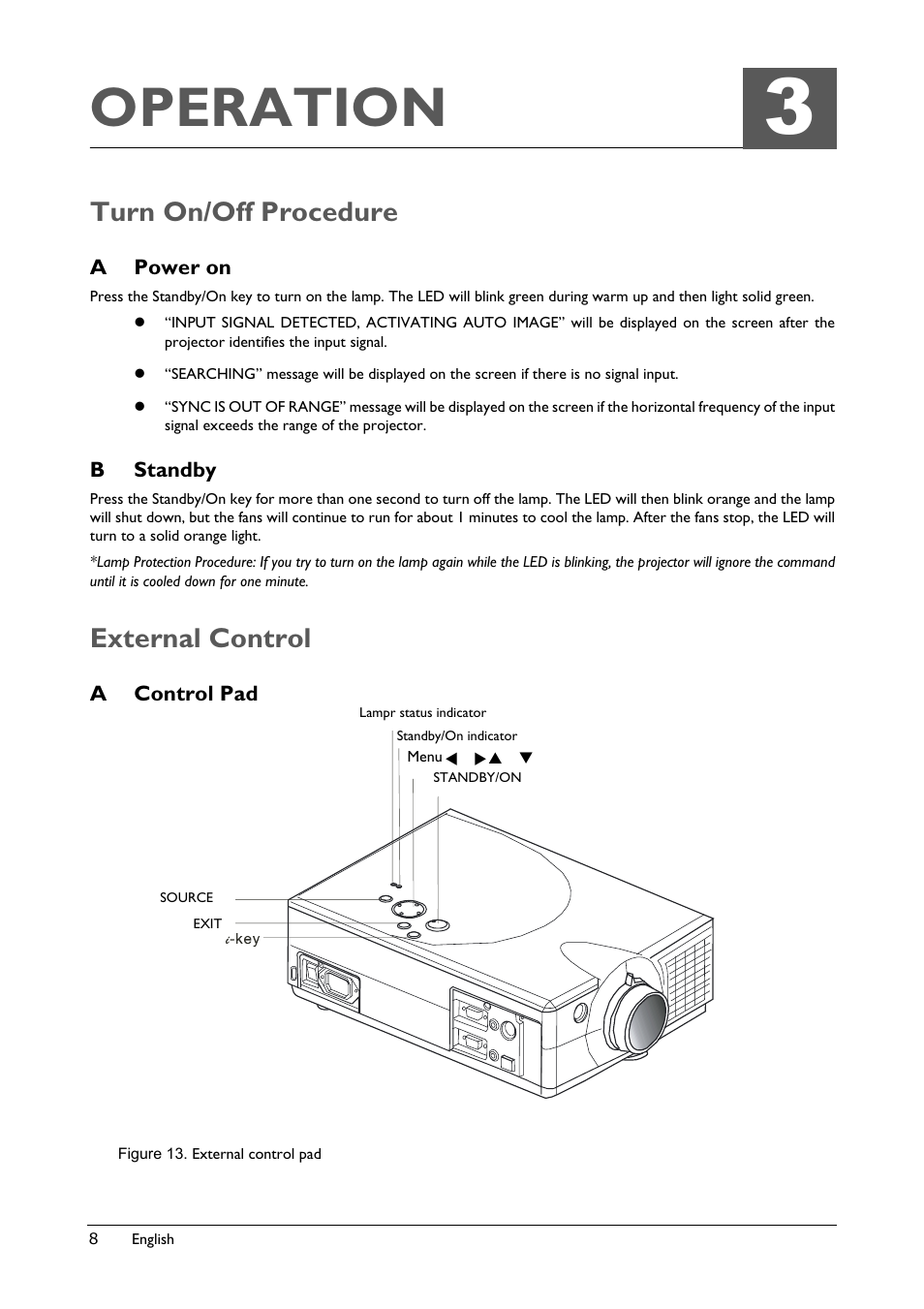 Operation, Turn on/off procedure, A power on | B standby, External control, A control pad, Figure 13. external control pad, Ower, Tandby, Ontrol | BenQ Professional VP150X User Manual | Page 12 / 24