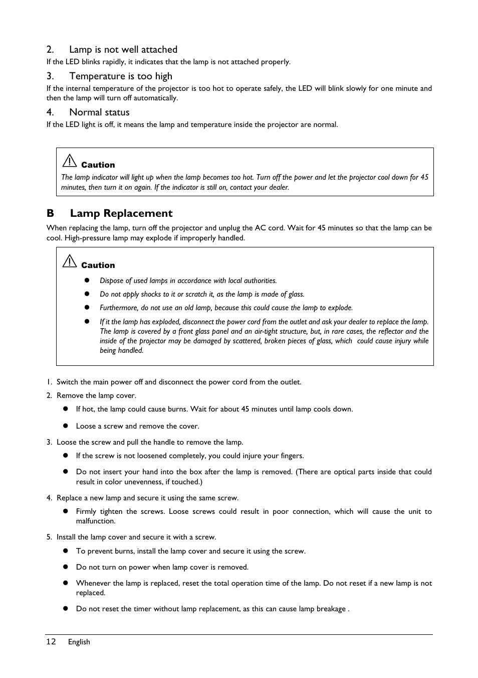 Lamp is not well attached, Temperature is too high, Normal status | B lamp replacement, Eplacement | BenQ Professional VP150X User Manual | Page 16 / 24