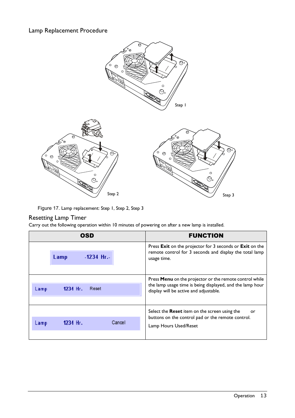 Lamp replacement procedure, Resetting lamp timer, Function | BenQ Professional VP150X User Manual | Page 17 / 24