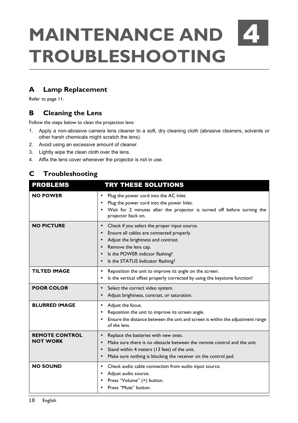 Maintenance and troubleshooting, A lamp replacement, B cleaning the lens | Avoid using an excessive amount of cleaner, Lightly wipe the clean cloth over the lens, C troubleshooting, Problems, Try these solutions, Eplacement, Leaning | BenQ Professional VP150X User Manual | Page 22 / 24