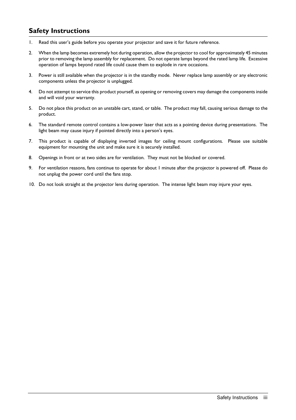 Safety instructions | BenQ Professional VP150X User Manual | Page 3 / 24