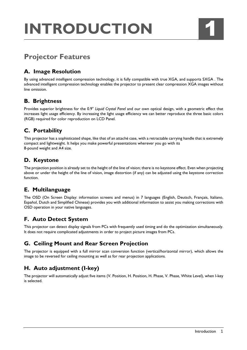 Introduction, Projector features, A. image resolution | B. brightness, C. portability, D. keystone, E. multilanguage, F. auto detect system, G. ceiling mount and rear screen projection, H. auto adjustment (i-key) | BenQ Professional VP150X User Manual | Page 5 / 24