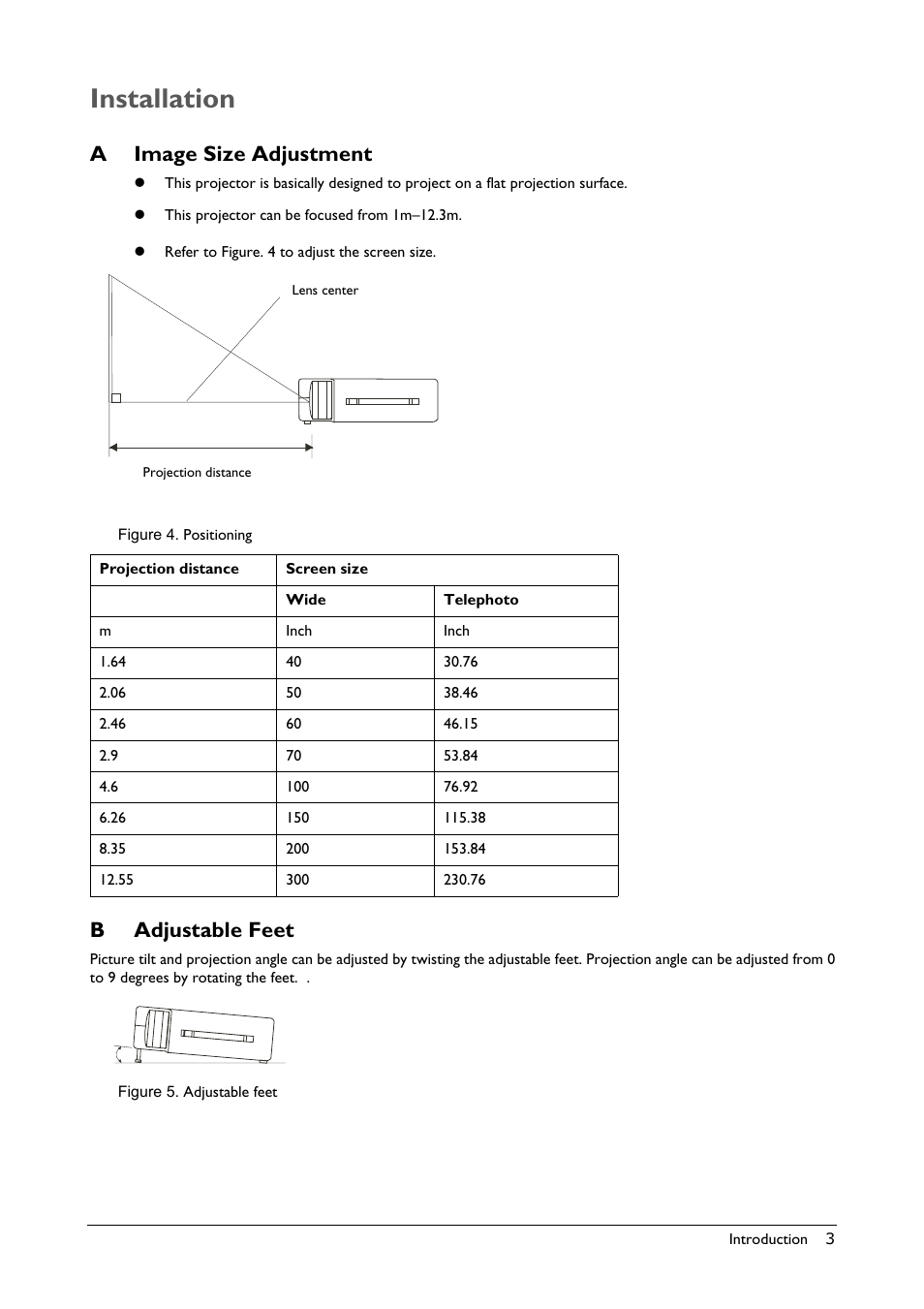 Installation, A image size adjustment, Figure 4. positioning | B adjustable feet, Figure 5. adjustable feet, Mage, Djustment, Djustable, Aimage size adjustment, Badjustable feet | BenQ Professional VP150X User Manual | Page 7 / 24