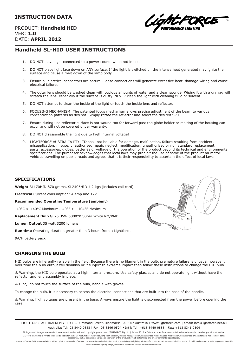 Lightforce 35W HID GLOBE REPLACEMENT User Manual | 2 pages