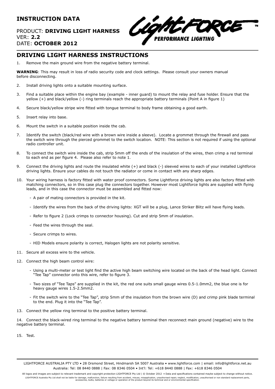 Lightforce DRIVING LIGHT WIRING HARNESS User Manual | 3 pages