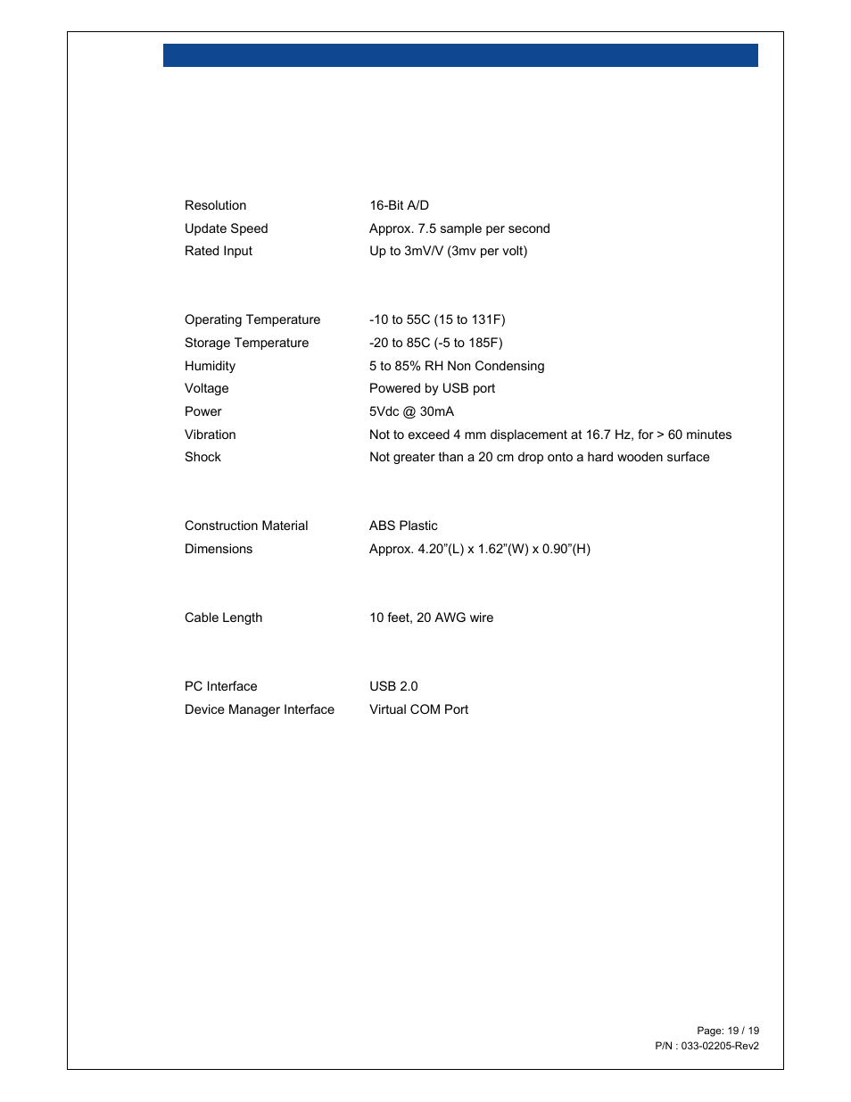 6 di-100, Echnical specifications | Loadstar Sensors DI-100U Digital Load Cell Interface Manual User Manual | Page 19 / 19
