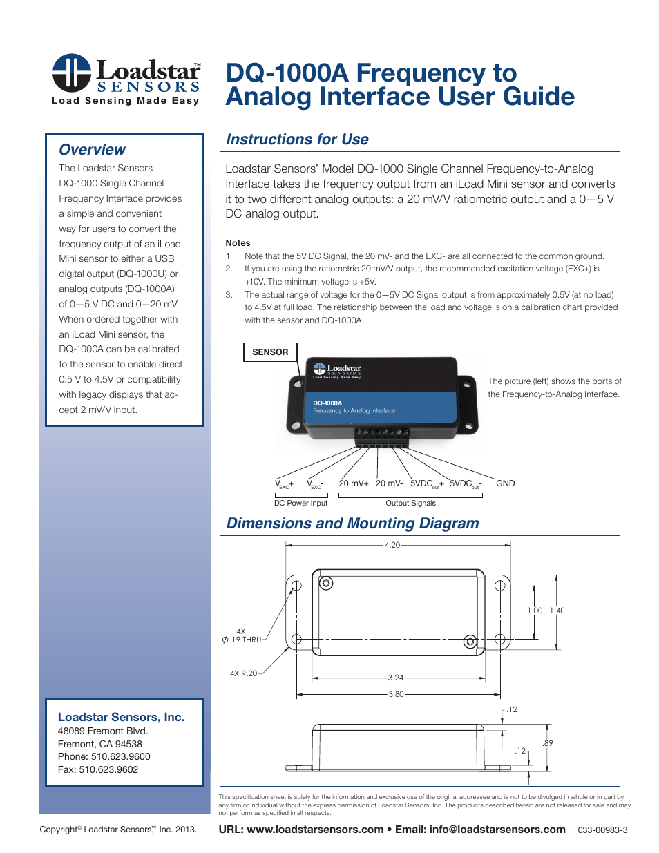 Loadstar Sensors DQ-1000A Frequency to Analog Interface User Manual | 2 pages