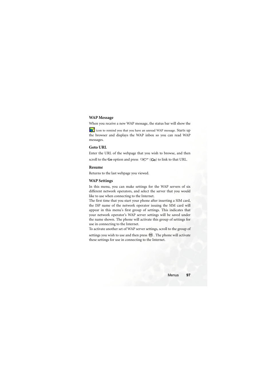 Wap message, Goto url, Resume | Wap settings | BenQ M300 User Manual | Page 111 / 138