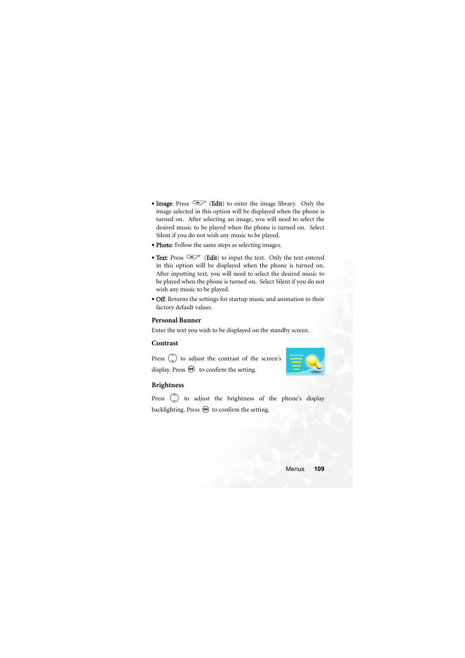 Personal banner, Contrast, Brightness | BenQ M300 User Manual | Page 123 / 138