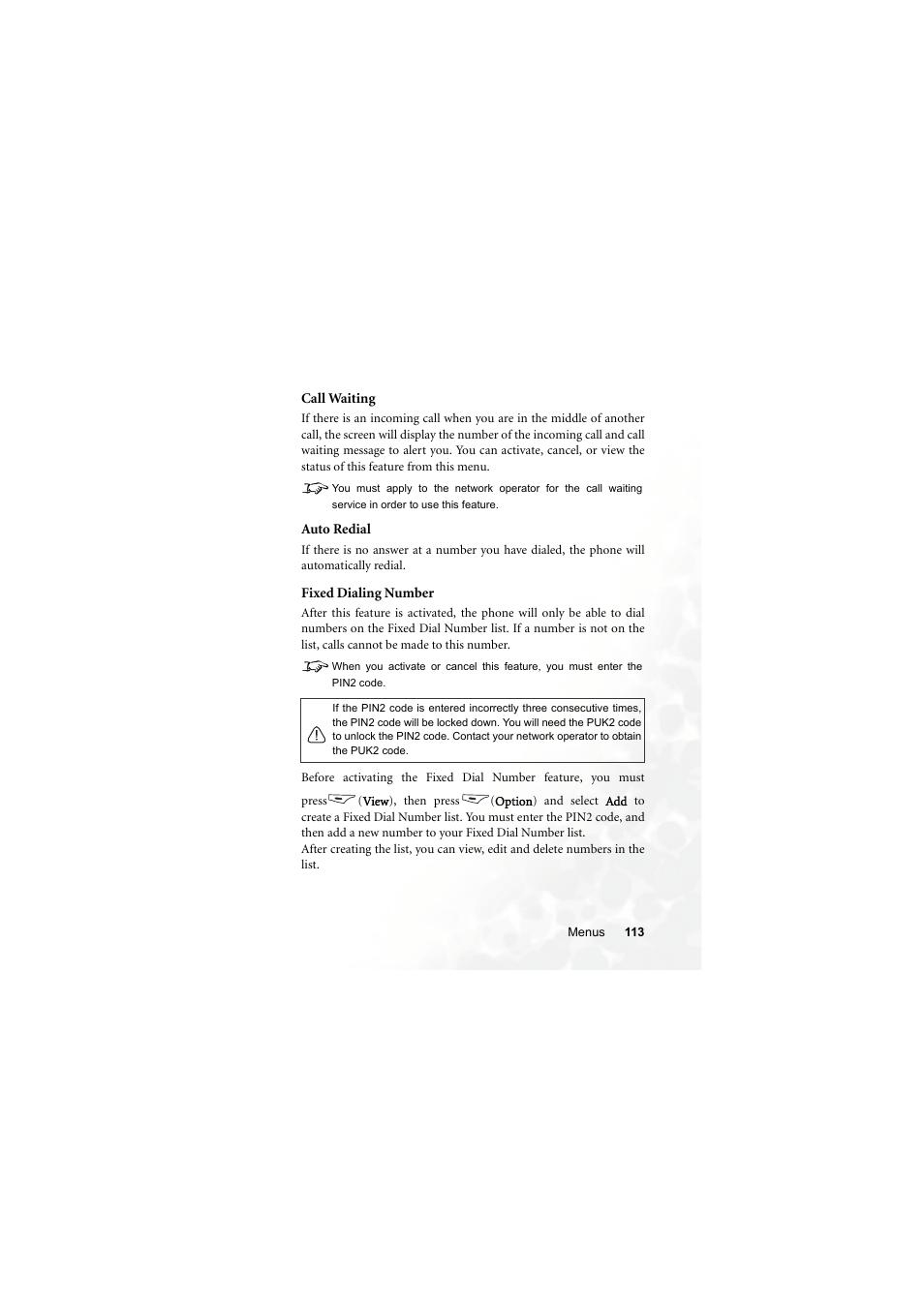 Call waiting, Auto redial, Fixed dialing number | BenQ M300 User Manual | Page 127 / 138