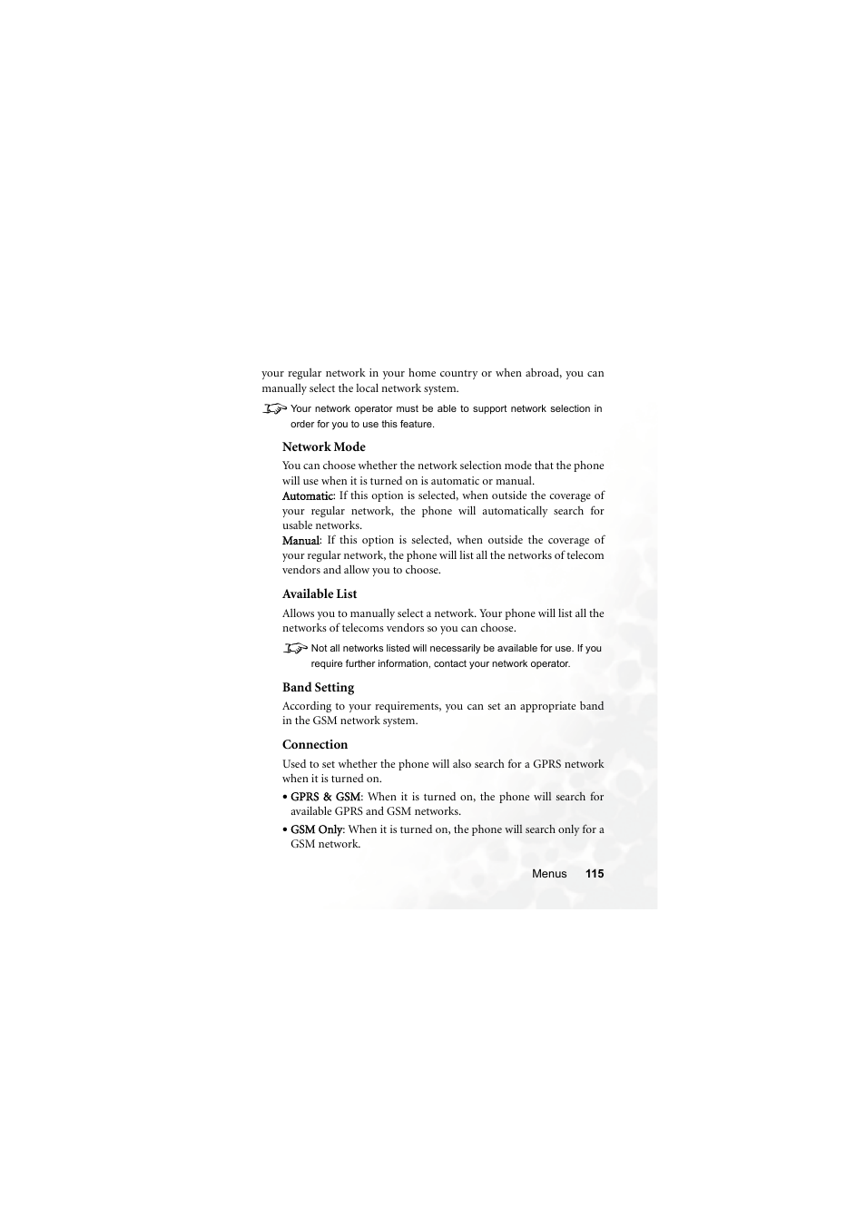 Network mode, Available list, Band setting | Connection | BenQ M300 User Manual | Page 129 / 138