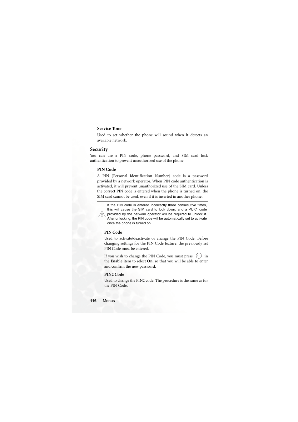 Service tone, Security, Pin code | BenQ M300 User Manual | Page 130 / 138
