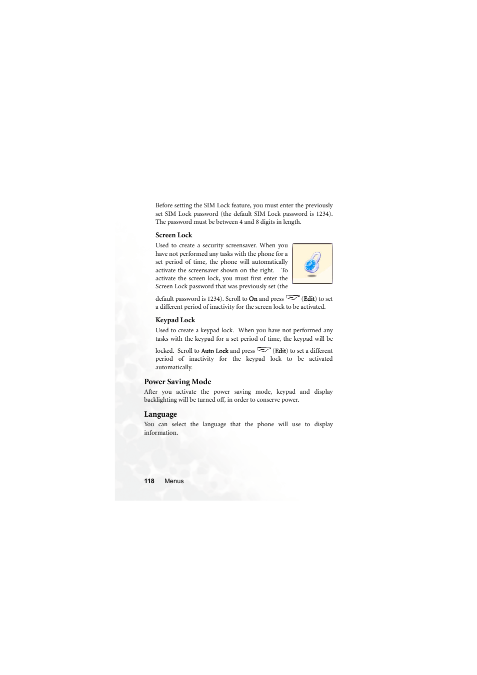 Screen lock, Keypad lock, Power saving mode | Language, Power saving mode language | BenQ M300 User Manual | Page 132 / 138