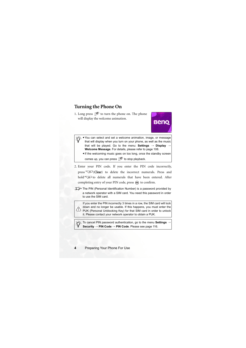 Turning the phone on | BenQ M300 User Manual | Page 18 / 138