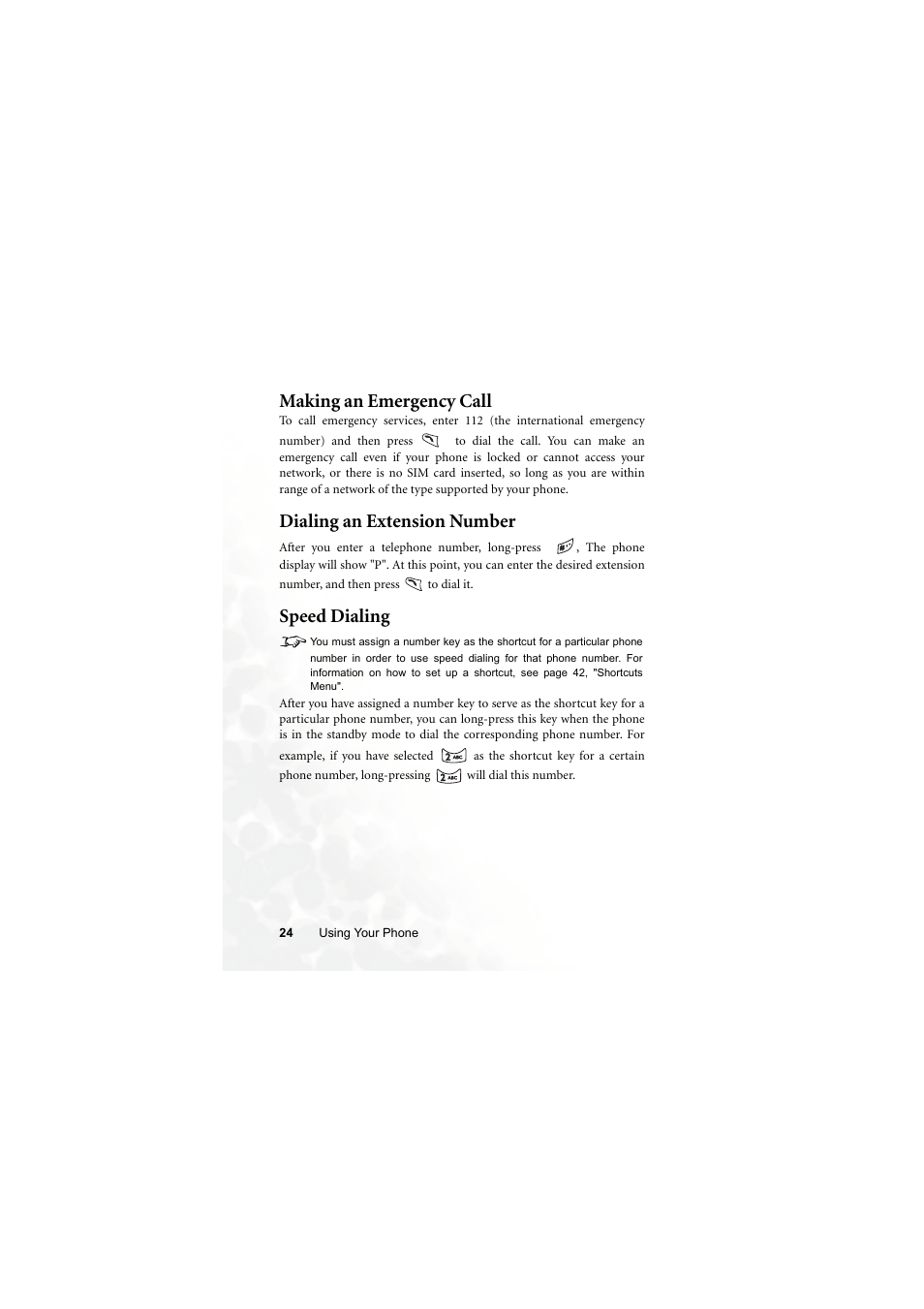 Making an emergency call, Dialing an extension number, Speed dialing | Speed dialing 8 | BenQ M300 User Manual | Page 38 / 138
