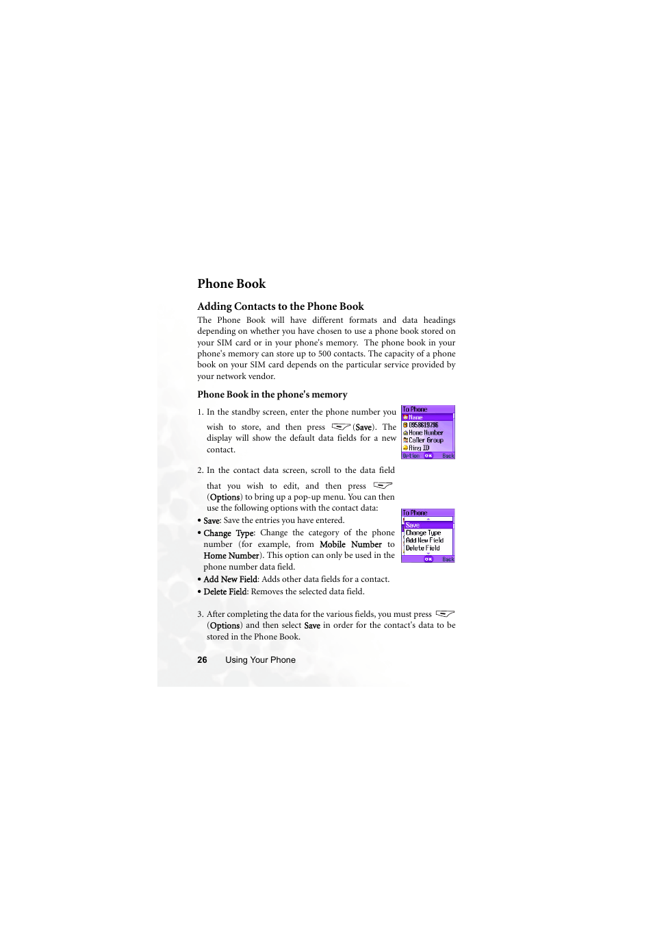 Phone book, Adding contacts to the phone book | BenQ M300 User Manual | Page 40 / 138