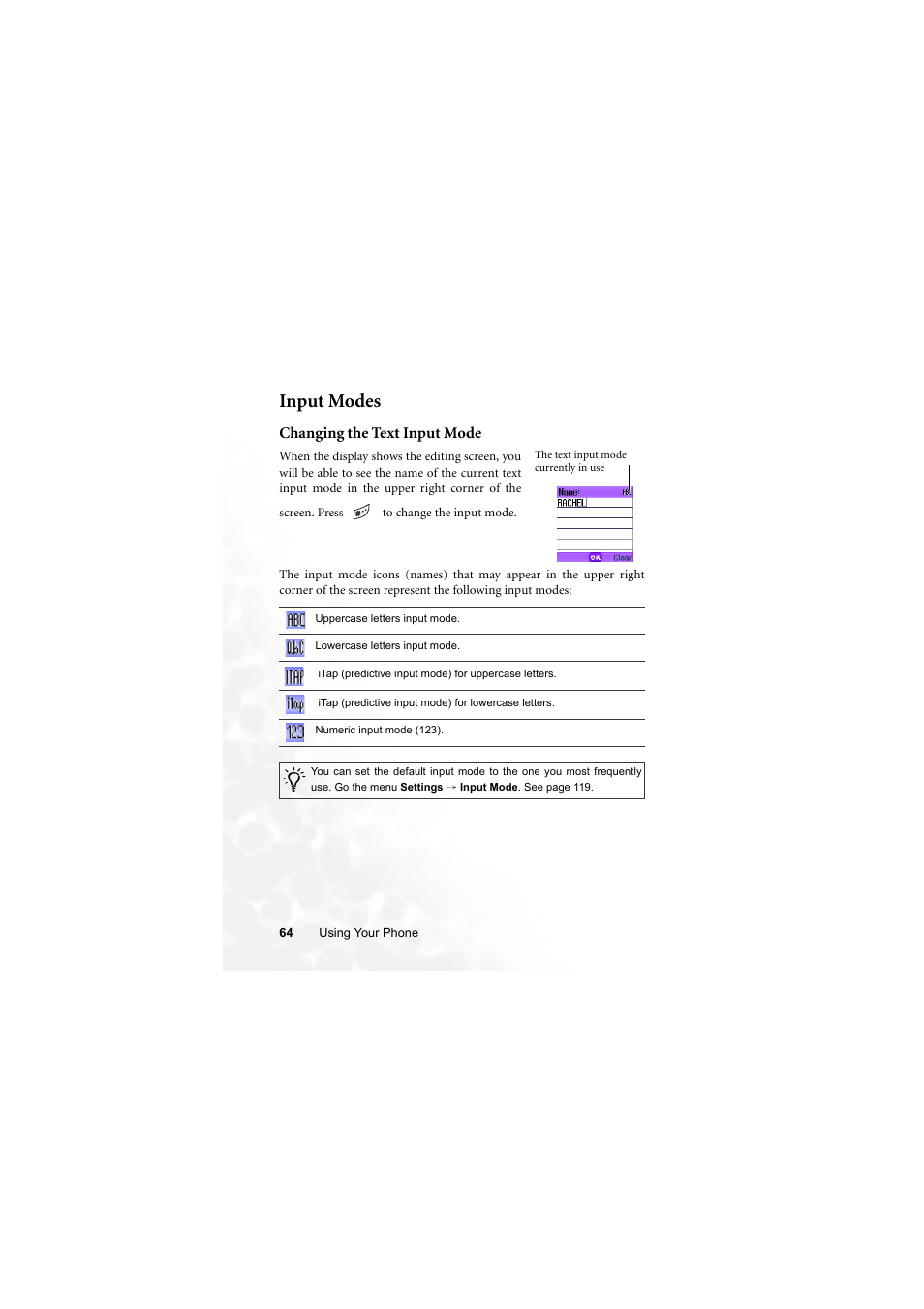 Input modes, Changing the text input mode | BenQ M300 User Manual | Page 78 / 138